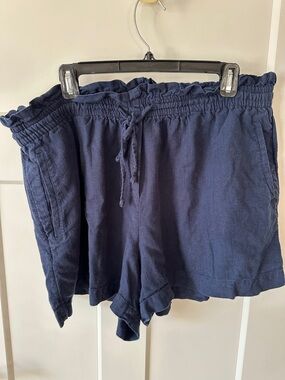 H&M Navy Elastic Waist Linen-Blend Shorts